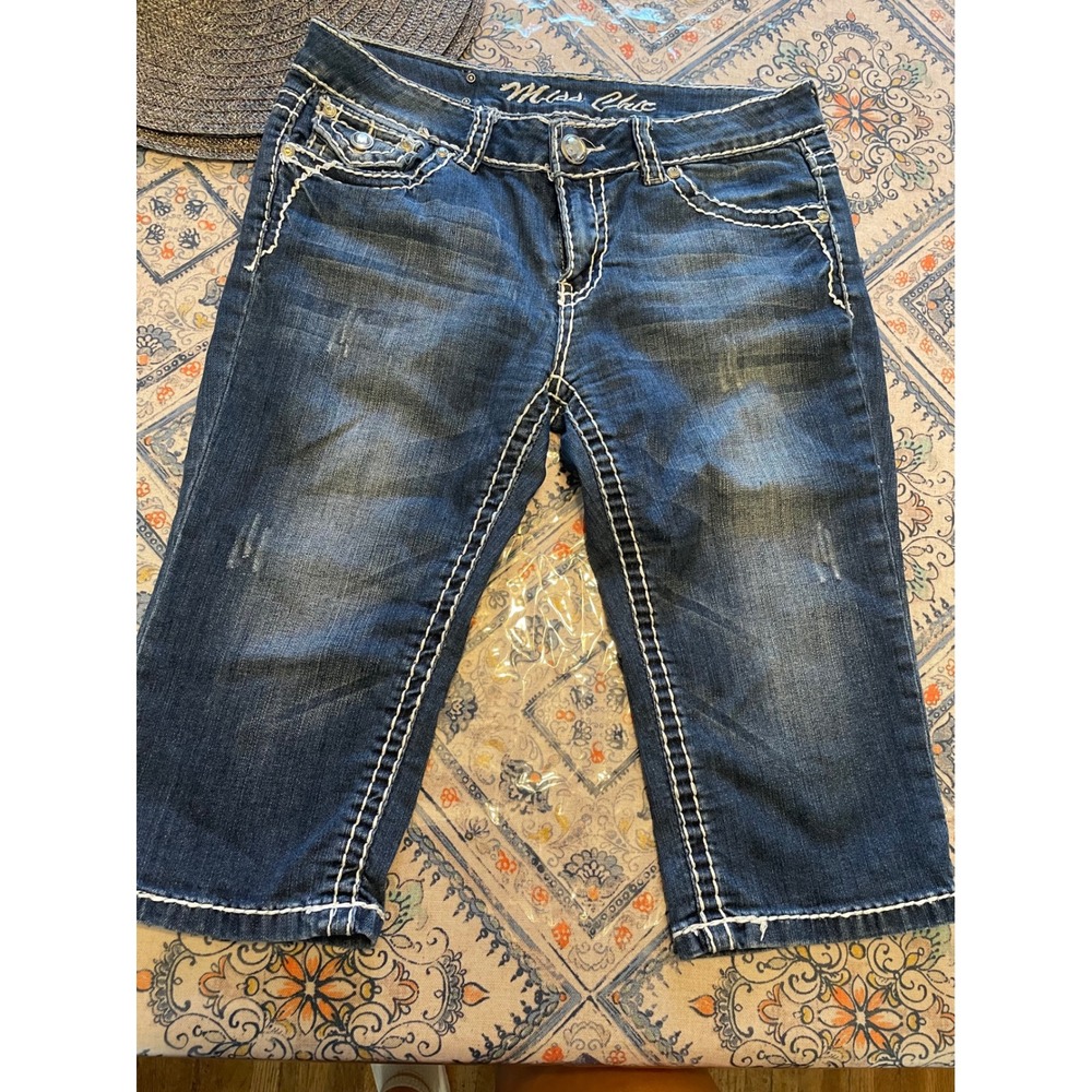 Miss Chic USA Womens Denim Capri Jeans Dark Wash Rhinestone Studded Pockets Y2K